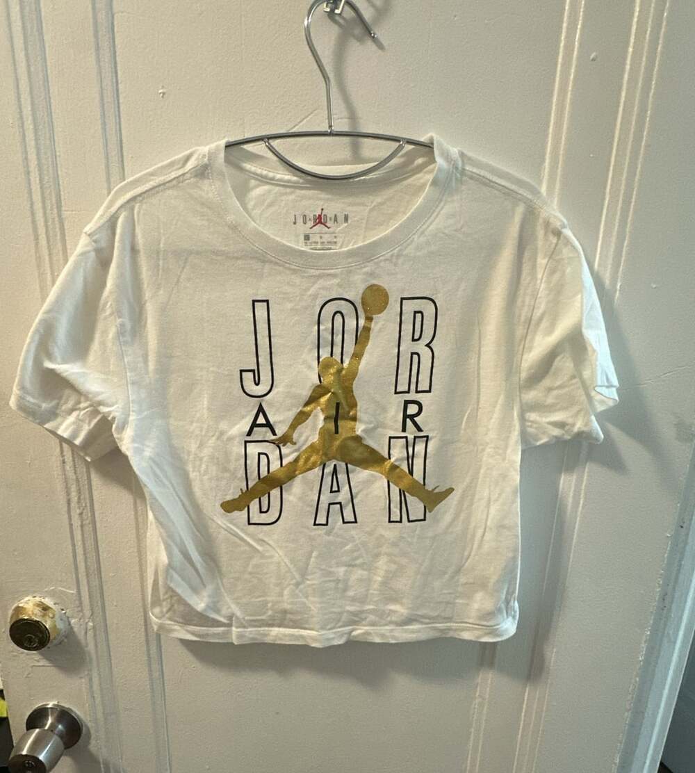 Jordan Jumpman T-Shirt Size L White Gold Black Graphic Crop Top